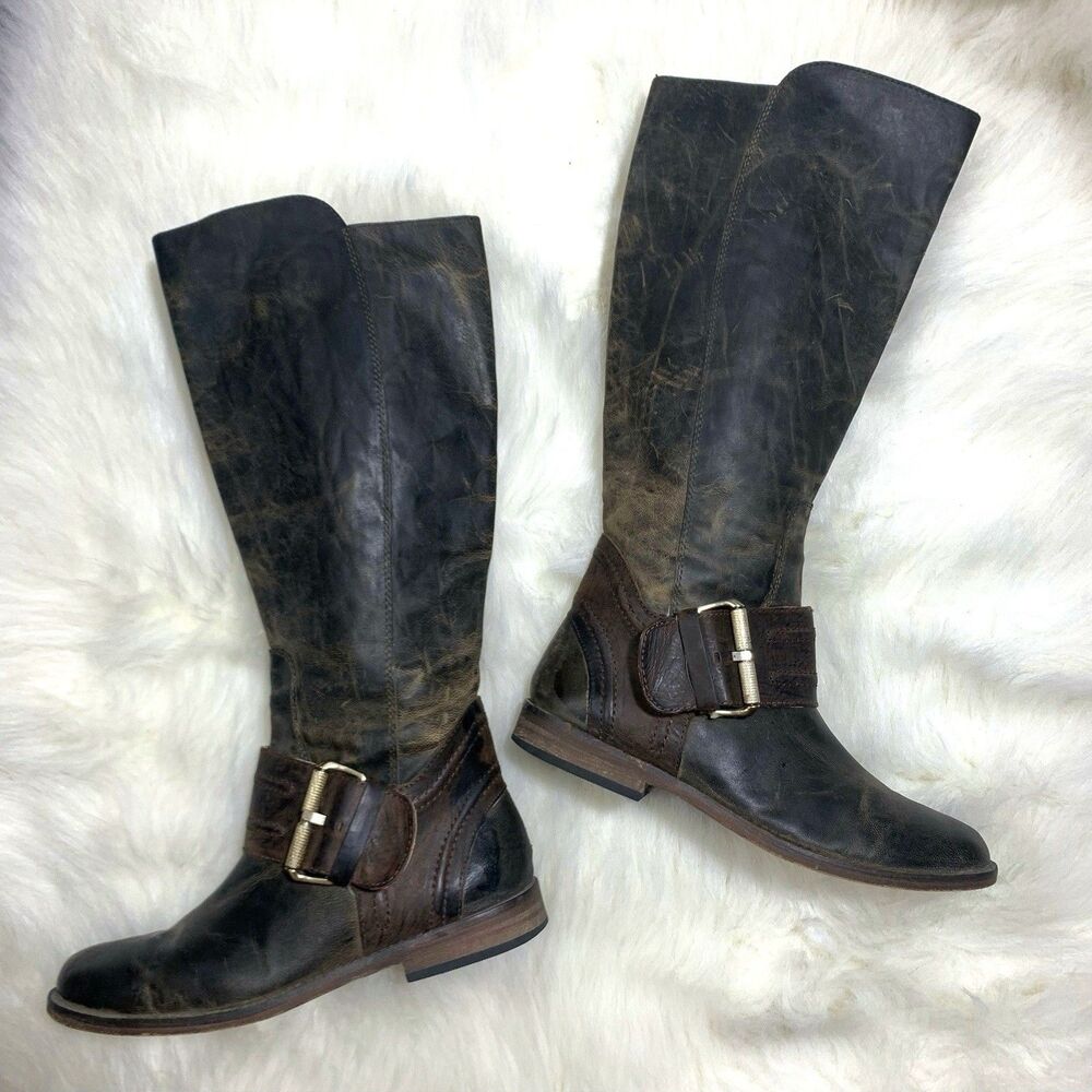 Spirit By Lucchese Leather Distress Brown Riding Boots Tall Calf Buckle Size 6.5